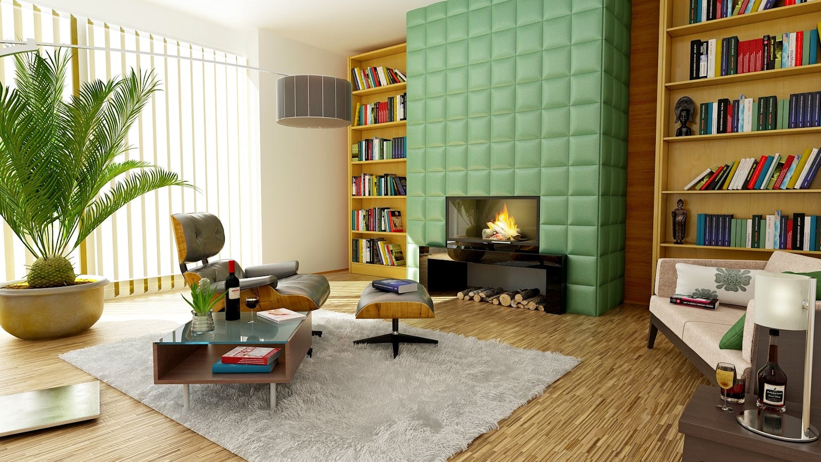 Photo by Pixabay Elegant modern living room featuring stylish decor, bookshelves, and a cozy fireplace.
