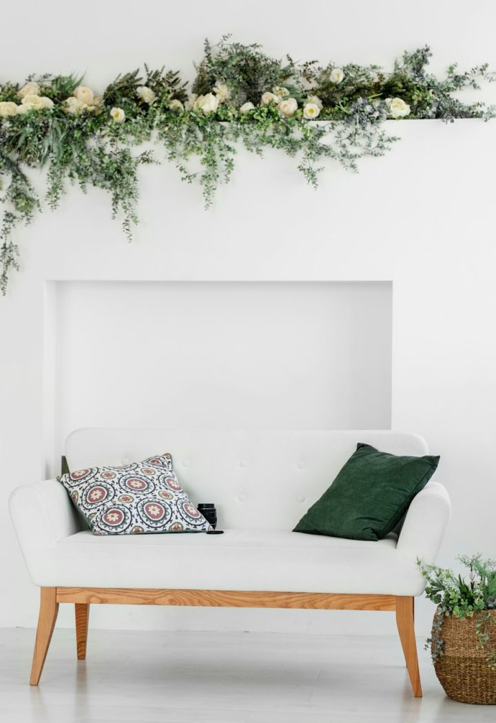 Beautiful interior room with a sofa. Minimalism. Concept design, renovation, housing, home.