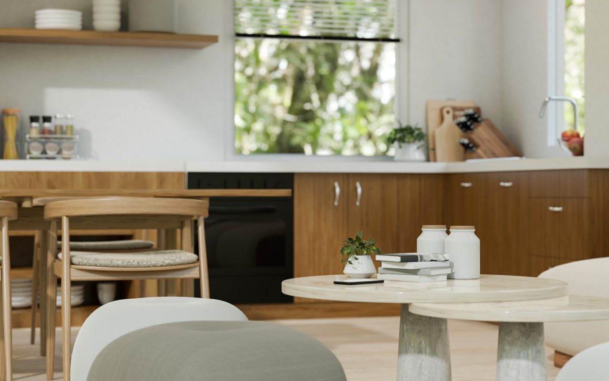 Minimalist Scandinavian home kitchen with dining space and living space interior design Minimalist Scandinavian home kitchen with dining space and living space interior design